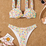 Swim Vcay Conjunto de bikini sexy con estampado floral para mujeres para vacaciones, con cable, relleno removible, 2 piezas