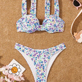 Swim Vcay Conjunto de bikini sexy de flores pequenas para mujer, perfecto para vacaciones, con aros, relleno extraible y diseno de traje de bano de 2 piezas