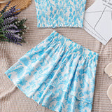 WYWH Conjunto de top recortado blanco con estampado floral azul para mujeres de vacaciones, que incluye skort, ideal para tomar te por la tarde.