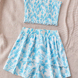 WYWH Conjunto de top recortado blanco con estampado floral azul para mujeres de vacaciones, que incluye skort, ideal para tomar te por la tarde.