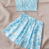 WYWH Conjunto de top recortado blanco con estampado floral azul para mujeres de vacaciones, que incluye skort, ideal para tomar te por la tarde.