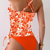 Swim Lushore Conjunto tankini de playa con estampado floral aleatorio para mujer, traje de bano de verano en la playa