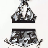 Swim Conjunto de bikini para mujer con estampado de camuflaje y tirantes de cuello halter con shorts cuadrados para vacaciones
