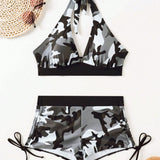Swim Conjunto de bikini para mujer con estampado de camuflaje y tirantes de cuello halter con shorts cuadrados para vacaciones