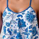 Swim Lushore Conjunto de tankini de estilo floral para mujeres para vacacionar, que incluye top de estilo camiseta, Bottom lisa y top de estilo camisola estampado al azar, en la playa en verano