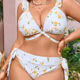 Swim Mod Traje de bano de verano para mujer de talla grande con estampado floral y parche de malla, sujetador con tiras cruzadas y fondo de bikini con lazos laterales para vacaciones