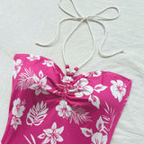 WYWH Body de cuello halter con estampado floral y pliegues para mujer WYWH, ideal para vacaciones de playa y outfits de verano