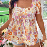 Blusa de verano para mujer con cuello cuadrado y estampado floral con ribete de volantes