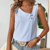 Camisa sin mangas irregular de a grande para mujer con cuello decorado con botones y estampado de rayas azules y blancas para vacaciones de verano casuales