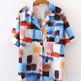 VCAY Camisa de mujer de manga corta con botones y estampado colorido aleatorio