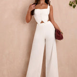 BAE Conjunto de chaleco blanco cuadrado elegante y sexy con cuello cuadrado y botones en la parte delantera y pantalon de pierna ancha para verano