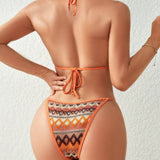 Swim SXY Conjunto de bikini sexy de mujer con estampado geometrico y sujetador tipo halter con corbata de cuello, ideal para vacaciones de verano