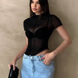 Essnce Tops para mujeres, Top Gotico, Top de fiesta negro, Top de malla de red, Top negro transparente de cuello alto y dobladillo irregular para mujeres casuales