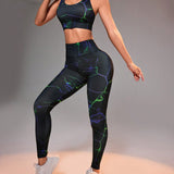 Sport Studio Conjunto de entrenamiento de verano sin costuras con camiseta de cuello redondo y leggings de estampado completo