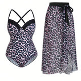 Swim Oasis Conjunto de traje de bano de una pieza para la playa con estampado de leopardo y tirantes finos con falda a juego con abertura lateral anudada en talla grande, verano