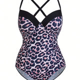 Swim Oasis Conjunto de traje de bano de una pieza para la playa con estampado de leopardo y tirantes finos con falda a juego con abertura lateral anudada en talla grande, verano