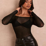 BAE Top atractivo de malla negra para mujeres para vacaciones de verano, de manga larga transparente y diseno de un solo hombro estilo Brasier