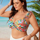 Swim Vcay Bikini sexy de talla grande para mujer con dobladillo de volantes y estampado floral y parche, ideal para vacaciones