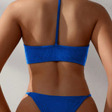 Swim Bikini de cuello halter liso para mujeres con hebilla delantera y diseno de espalda abierta