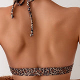 VCAY Bikini halter de leopardo para mujeres con lazo en el cuello, ropa de bano sexy