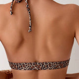 VCAY Bikini halter de leopardo para mujeres con lazo en el cuello, ropa de bano sexy