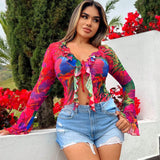 SXY Blusa de mujer de manga acampanada con dobladillo con ribetes de volantes y estampado tropical, ideal para vacaciones de verano