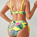 DD+ Conjunto sexy de bikini tropical para vacaciones de mujer con estampado de plantas