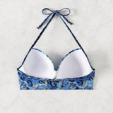 Swim Lushore Top de traje de bano con estampado para mujer con soporte de alambre, estampado aleatorio con diseno de leopardo azul, top de bikini envolvente cruzado para mujeres maduras