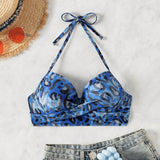 Swim Lushore Top de traje de bano con estampado para mujer con soporte de alambre, estampado aleatorio con diseno de leopardo azul, top de bikini envolvente cruzado para mujeres maduras