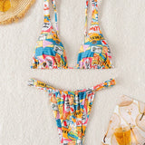 NEW  Swim Conjunto de bikini sexy para mujer con estampado geometrico de vacaciones (2 piezas), estampado aleatorio