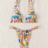 NEW  Swim Conjunto de bikini sexy para mujer con estampado geometrico de vacaciones (2 piezas), estampado aleatorio