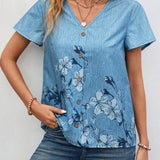 Camisa casual para mujer con mangas de hoja floral de loto, cuello redondo y pliegues