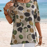 EMERY ROSE Camisa casual de playa para mujer con cuello redondo y estampado grafico