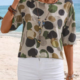 EMERY ROSE Camisa casual de playa para mujer con cuello redondo y estampado grafico