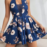 VCAY Floral Print Mesh Splice Sleeveless Neck-Hanging Dress For Summer