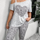 LUNE Conjunto casual de dos piezas para mujer de camiseta de manga corta con cuello asimetrico y leggings con estampado de leopardo de corazon para verano