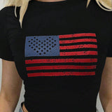 Camiseta de verano para mujer de mangas cortas y cuello redondo con estampado de bandera americana y corte ajustado recortado