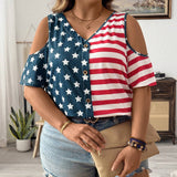 Camiseta informal de tirantes descubiertos con estampado del Dia de la Independencia de verano para mujeres de a grande