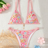 Swim Conjunto de traje de bano de flores dulces para mujeres, adecuado para vacaciones de verano en la playa