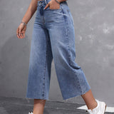 EZwear Jeans de mujer de pierna ancha y nueve puntos con bolsillos insertados y dobladillo deshilachado, corte holgado