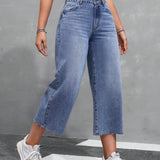 EZwear Jeans de mujer de pierna ancha y nueve puntos con bolsillos insertados y dobladillo deshilachado, corte holgado