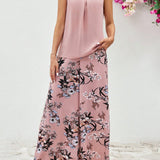 Clasi Conjunto de blusa de chiffon rosa elegante para mujeres y pantalones anchos de flores con unicolor