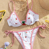 Conjunto de bikini triangular para mujeres estampado con cerezas, con tirantes cruzados en el cuello y fondo de bano, con varillas, estampado aleatorio