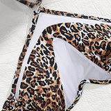 Swim SXY Conjunto de bikini de leopardo para mujer con cuello halter, lazos cruzados y soporte con estampado aleatorio para vacaciones