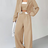 EZwear Traje de chaqueta de manga corta con solapa de unicolor & cinturilla de color contrastante y pantalon ancho plisado, primavera y otono