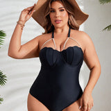 Swim Chicsea Traje de bano de una pieza diario simple para mujer de talla grande de unicolor