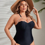 Swim Chicsea Traje de bano de una pieza diario simple para mujer de talla grande de unicolor