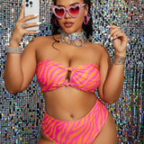 Swim Curve Conjunto de bikini de banda hueca con estampado de cebra para mujer de talla grande, traje de bano sexy para vacaciones en la playa