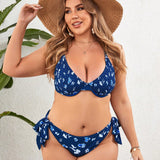 VCAY Conjunto de bikini halter de flores silvestres y talla grande para mujeres con braguitas con tiras para vacaciones en la playa.