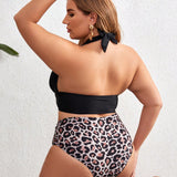 VCAY Conjunto de bikini sexy con estampado de leopardo para mujer de talla grande, con sujetador de cuello halter y braguita separados, para vacaciones